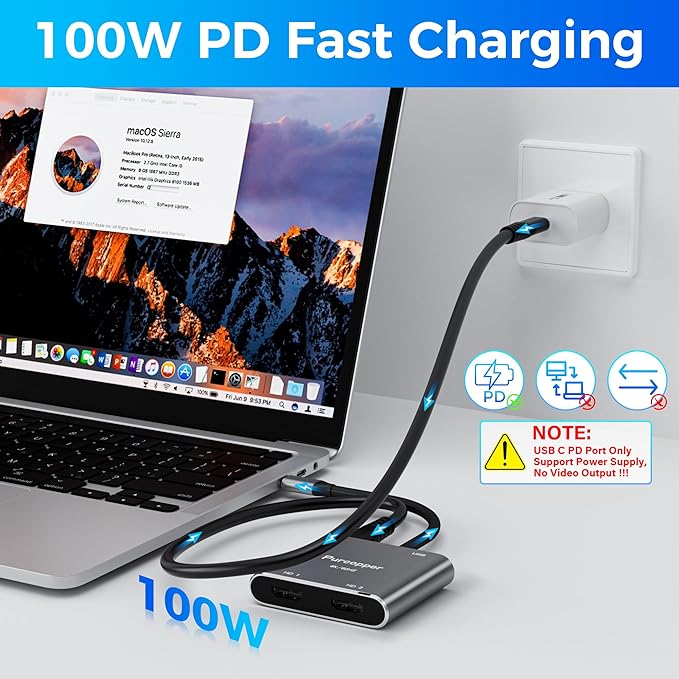 USB C to HDMI Multiport Adapter, 4 in 1 Type-C Hub with Dual 4K HDMI Ports & PD Max 100W Charging & USB 3.0 OTG Data Port Digital AV Converter for MacBook Pro/Air, iPad Pro/Air, iPhone 15 Series