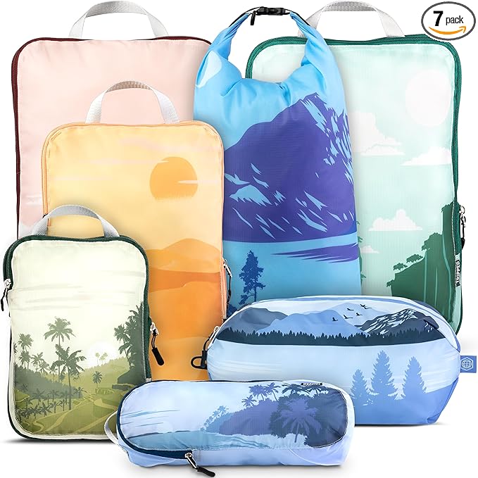 Large Compression Packing Cubes for Travel-Packing Cube Luggage Organizers 7 Piece Set for Checked Luggage-Ultralight, Expandable/Compression Bags by TRIPPED Travel Gear (Landscape)