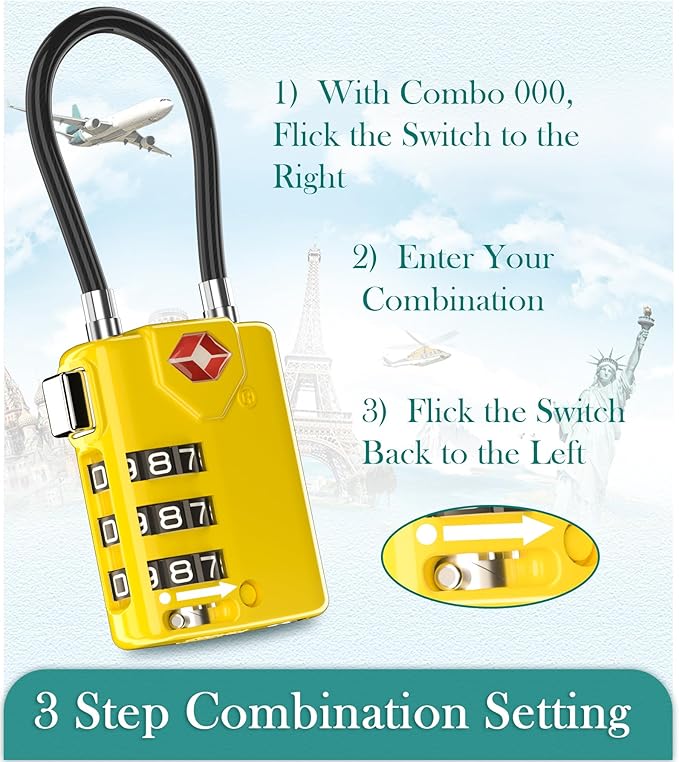 Search Alert TSA Approved Travel Combination Luggage Cable Locks for Suitcase, Gym Locker,Toolbox,Backpack 1,2,4,6 &10 pk (Yellow 4 Pack)