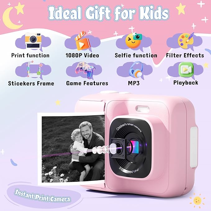 Kids Camera, 1080P Instant Digital Print Camera for Kids, Christmas Birthday Gifts for 4 5 6 7 8 9 10 Year Old Girls Boys, Portable Toy with 32GB SD Card & 3 Rolls Printing Paper, 1 Count, Pink