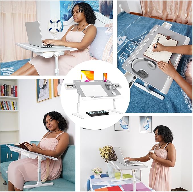 KLEAR Foldable Laptop Bed Tray Desk with Extral Drawstring Bag, Adjustable Bed Table with Heights and Angles, Lap Desk for Eating, Working, Writing, Gaming, Drawing with 2 Drawers(Grey)