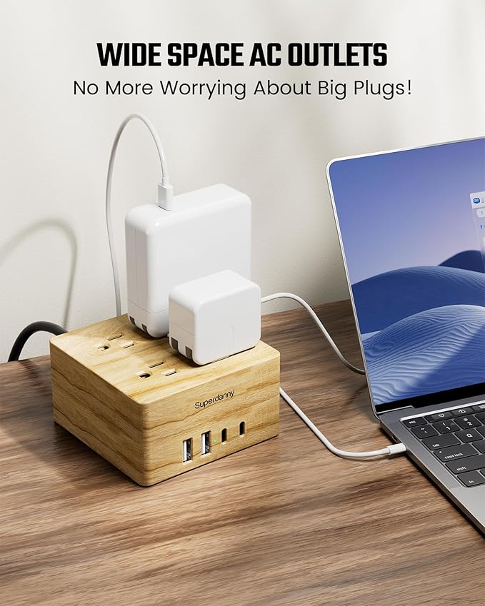 USB Power Strip Surge Protector - SUPERDANNY Desktop Extension Cord with 4 Widely Spaced Outlets & 4 Smart USB Ports, Portable Charging Station for Home, Office, Hotel, Dorm, RV, Faux Wood Grain