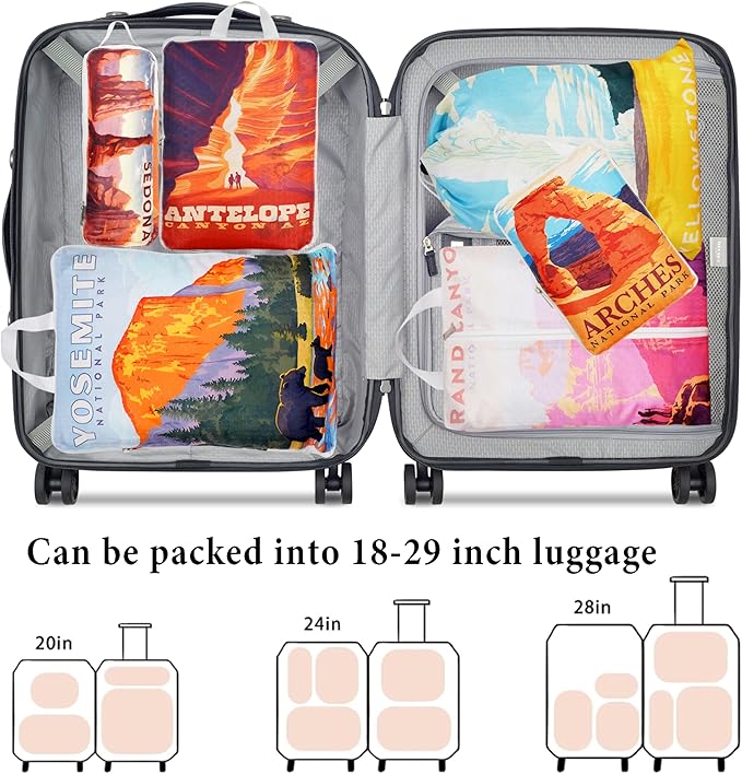 Compression Packing Cubes for Travel, 6 Set National Park Luggage Organizers, Lightweight Waterproof Expandable/Compression Bags Smell Proof Travel Packing Cubes for Suitcases