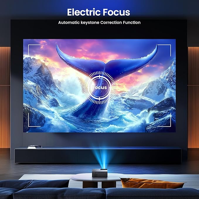 Projector with WiFi6 and Bluetooth5.3 - [High Brightness/Electric Focus]Outdoor Movie Projector and Screen,YOWHICK Portable Smart Home Projector 1080P 4K Supported for Movie Night/Home Theater/Bedroom
