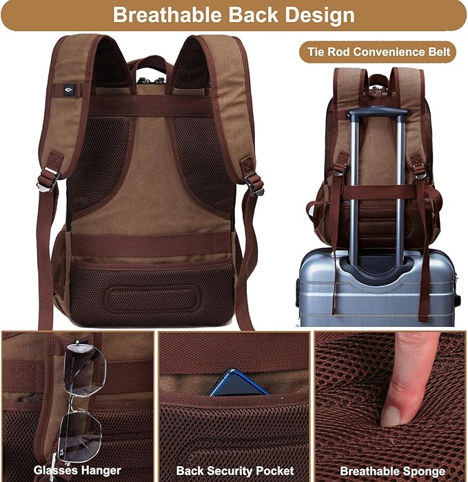 Mactso Canvas Travel Laptop Backpack for Men Women, Business Work Rucksack College Computer Bag Fits 17.3 Inch Notebook,Bookbag with USB Charging Port (Coffee, 17.3 Inch)