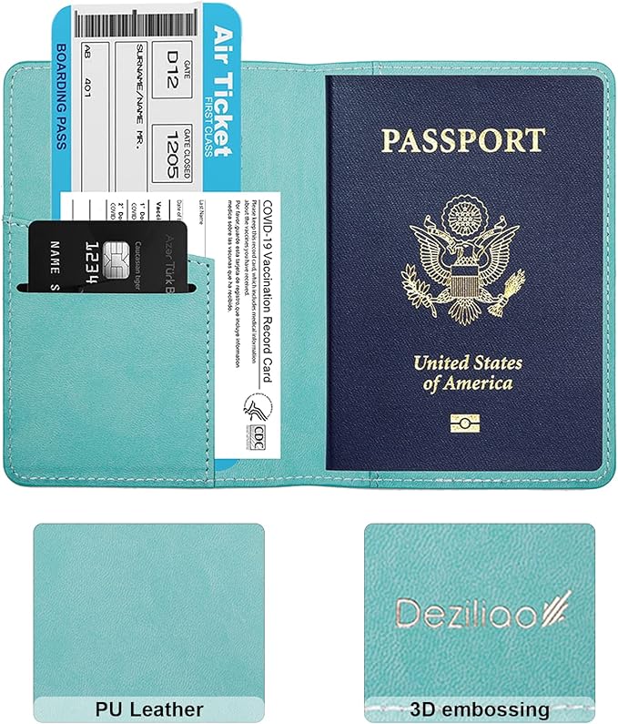 Deziliao Passport Holder,Passport Holder Card Slots, Passport and Vaccine Card Holder Combo, Cute Passport cover for Women and Men, with Waterproof Rfid Blocking, Passport Travel Wallet(Aqua Green)