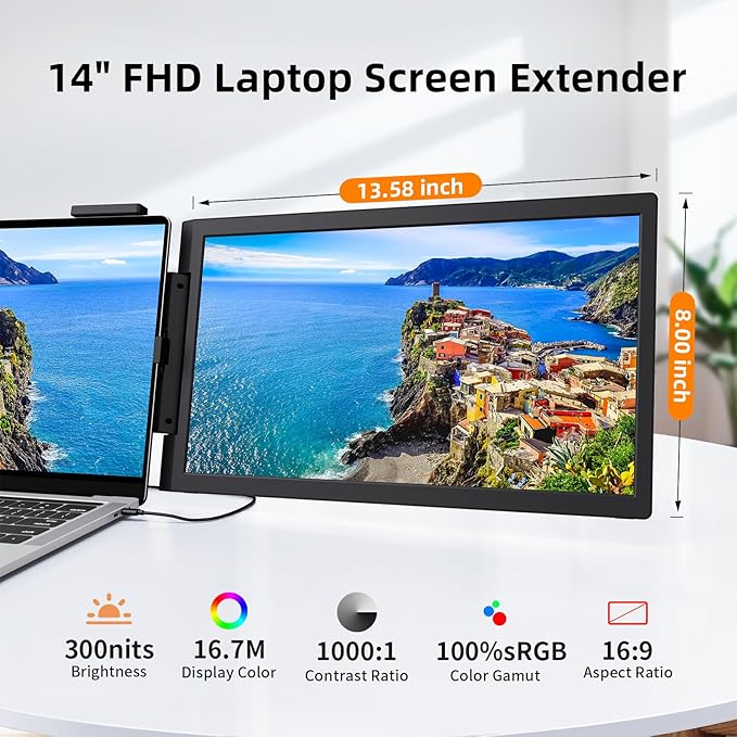 Laptop Screen Extender, 14" 1080P IPS Portable Monitor Travel Monitor for 14-16.5" Laptops with USB-C/HDMI Port, Plug and Play Attachment Screen for Windows/Mac/Android/Switch/PS5/Xbox