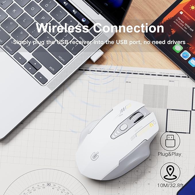 Wireless Mouse,[Upgraded] Rechargeable 2.4GHz (Battery Level Visible) Ergonomic Computer Mouse,4 Levels DPI, Wireless Mice for Laptop PC Computer(Grey and White)