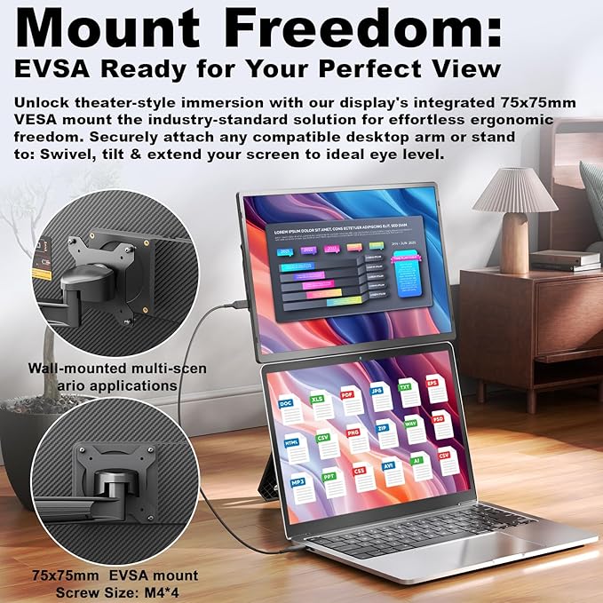 domyfan 16.1'' Laptop Screen Extender, 360° Rotating Detachable Stand/VESA Support, FHD 1200P IPS Portable Monitor, Plug & Play with HDMI/USB-A/Type-C, Compatible Win/Mac/Android