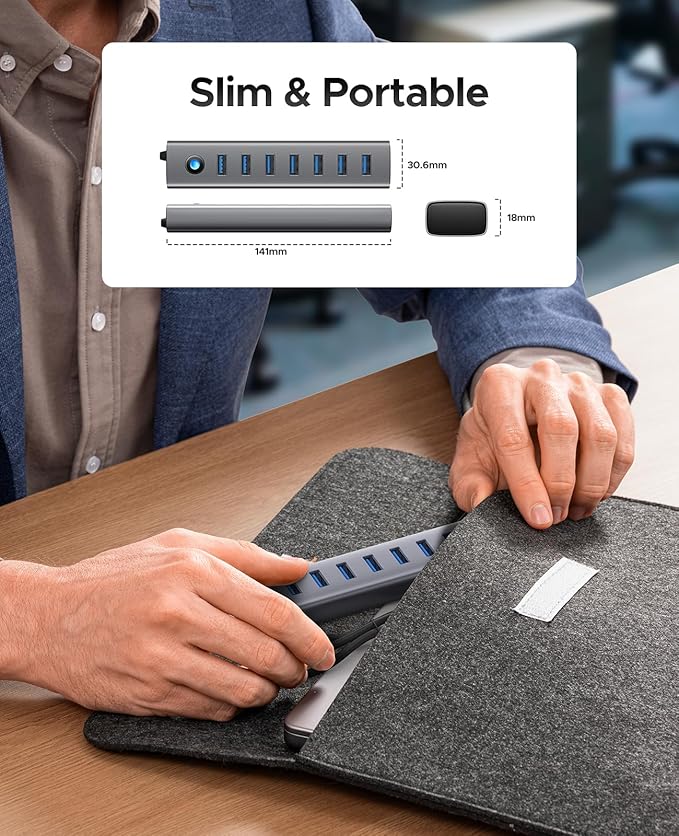 ORICO Aluminum 7-Port USB Hub with 1.64Ft Cable, Multiple USB 3.0 Hub, 5Gbps Data Transfer, 5V 3A Type-C Port, UBS-A Splitter for PC, Laptop, Desktop