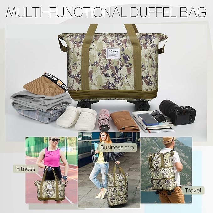 VOOWO Duffel Bag with Wheels - Rolling Foldable Expandable Duffle Bag with Wheels for Travel, Rolling Luggage Carry On Bag with Wheels, Large Rolling Backpack Weekend Bags for Men Women (Camouflage)