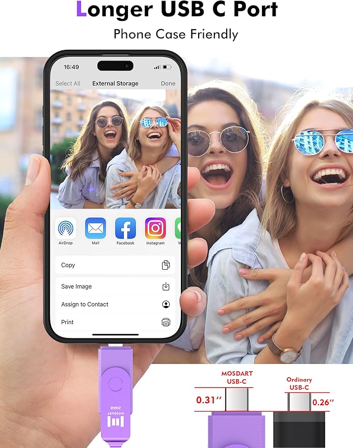 MOSDART 256GB USB3.1 Fast Speed C and A Dual Flash Drive, exFAT Memory Stick with Keychain and LED Indicator, for iPhone 15 and 16, Android Phone, iPad, MacBook, and Other Laptops, Purple