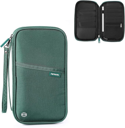 Travel Passport Holder, Large Family Passport Walle for Men Women RFID Passport Cover Lightweight Portable Document Organizer with Wrist Strap (Green)