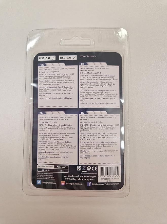 Integral 32GB Crypto-197 256-Bit Hardware Encrypted 3.0 Secure Dual Password Flash Memory Drive - Certified to FIPS 197, Brute-Force Password Attack Protection & Rugged Double-Layer Waterproof Design