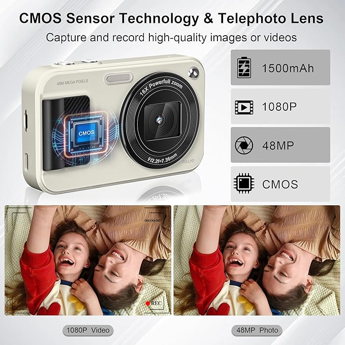 Digital Camera, FHD 1080P 48MP Kids Camera, Autofocus Point and Shoot Digital Cameras with 32GB Card, 16X Zoom Anti-Shake, Compact Small Camera with 1500mAH Built-in Batteries for Boys Girls Kids