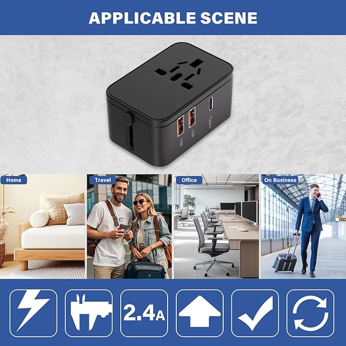 Travel Adapter with 2 USB A+1 USB C,Universal All in One Worldwide Travel Adapter,Power Converters Wall Charger,AC Power Plug Adapter,International Power Adapter for USA EU UK AUS Black