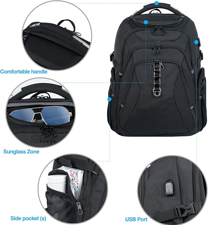 KROSER Travel Laptop Backpack 18.4 Inch XXXL Gaming Backpack with Hard Shell Saferoom RFID Pockets Water-Repellent Business College Daypack Stylish Laptop Bag for Men/Women-Black