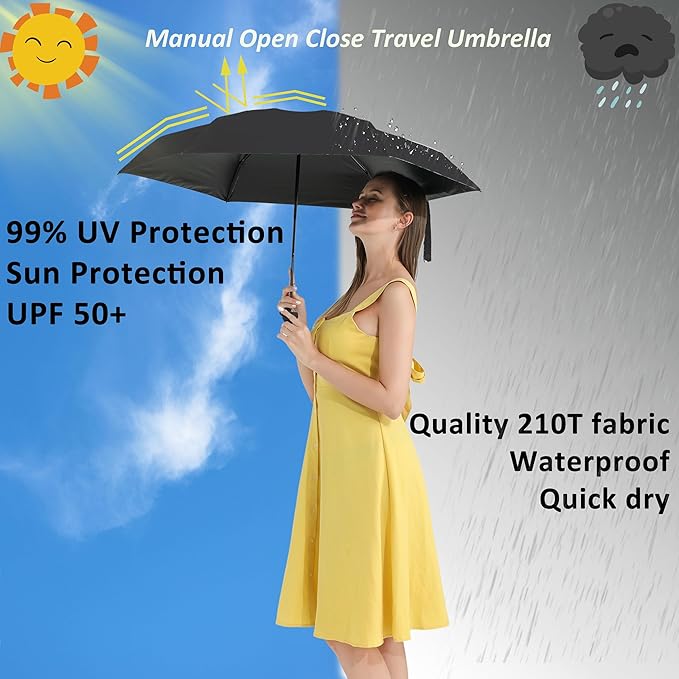 BAODINI Travel Essentials Mini Umbrella for Purse With Case Small Compact UV Sun Protection Lightweight Tiny Pocket Manual Open Close Umbrella for Women Kids and Men Fit Purse Backpack