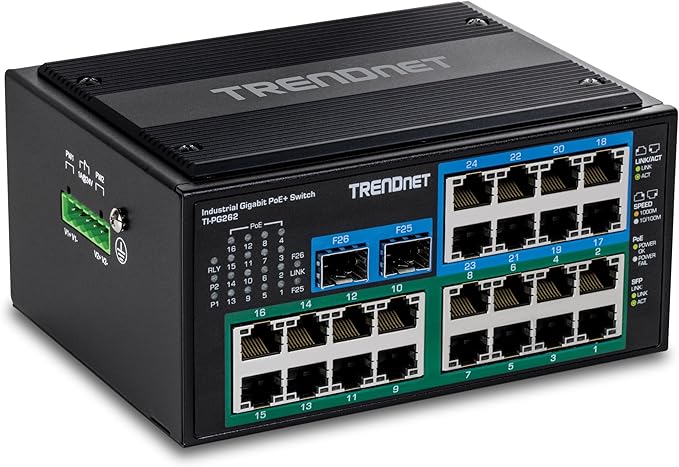 TRENDnet 26-Port Hardened Industrial Unmanaged Gigabit DIN-Rail Switch, TI-PG262, 16 x Gigabit PoE+ Ports, 8 x Gigabit RJ-45 Ports, 2 x SFP Ports, IP30, Lifetime Protection, Black
