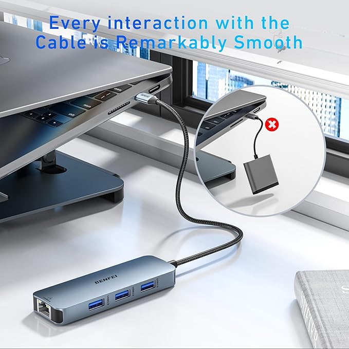 BENFEI USB C HUB 6-in-1 with HDMI(4K@60Hz), Gigabit Ethernet, 100W Power Delivery, 3*USB 3.0, Silicone Cable, Aluminum Case Compatible with iPhone 15 Pro/Max, MacBook, iPad Pro, iMac, S23, XPS17