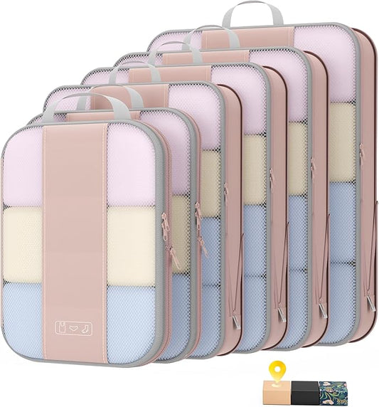 6 Set Compression Packing Cubes for Travel Essentials,Compressible Expandable Packing Cubes for Suitcase,OlarHike Luggage Organizer Bags for Travel,Handy Helper for Organizing Clothes(Beige)