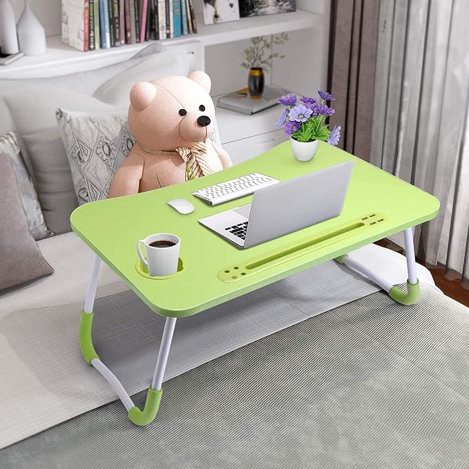 Slendor Lap Desk with Cup Holder, Foldable Laptop Table for Bed, Portable Bed Desk for Laptop and Writing, Computer Tray with Tablet Slot, Notebook Stand Reading Holder for Couch Sofa Floor,Green