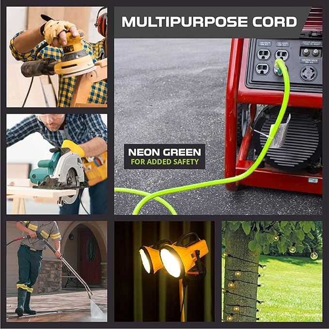 Iron Forge Cable Weatherproof 25 Ft Outdoor Extension Cord - 12/3 SJTW 15 Amp Heavy Duty Light Green High Visibility Cable with 3 Prong - Lighted End