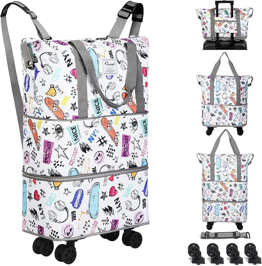 VOOWO Rolling Duffel Bag with Wheels - Foldable Expandable Duffle Bag with Wheels for Travel, Rolling Luggage Bag Carry On Bag with Wheel, Large Rolling Backpack Weekend Bag for Men Women (White)