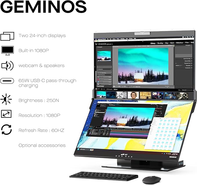 Mobile Pixels Geminos, Dual 24" IPS Stacked Computer Monitors with 65W USB-C Charging, with Adjustable Viewing Angle and 1080p Webcam and 3W Speakers, Multiport Docking Station (Desktop Monitor)