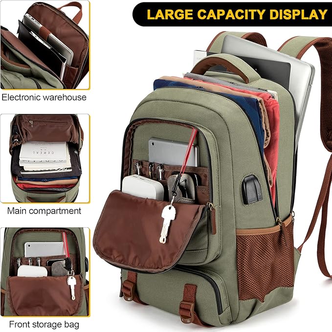Tzowla Canvas Laptop Backpack, Bag for Men Women,Travel Work Rucksack Fits 15.6 Inch Laptop, Bookbag with USB Charging Port