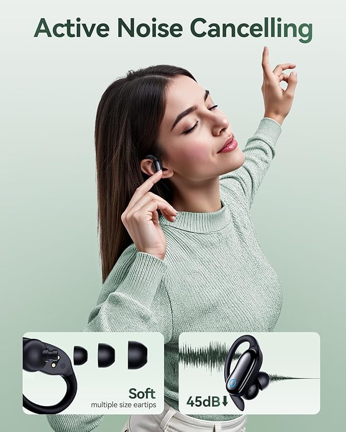 Active Noise Canceling Ear Buds Wireless Earbuds 96hrs Playback Bluetooth Headphones IPX7 Waterproof Stereo Bass Over-Ear Earphones with Earhooks Microphone LED Battery Display for Sports Workout