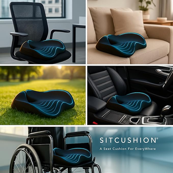 Pressure Relief Seat Cushion for Tailbone Pain - X Large Office Chair Cushion for Back Pain, Coccyx & Sciatica Pain Relief Pillow. Memory Foam Seat Cushions for Office Chairs. Extra Cover (Black)