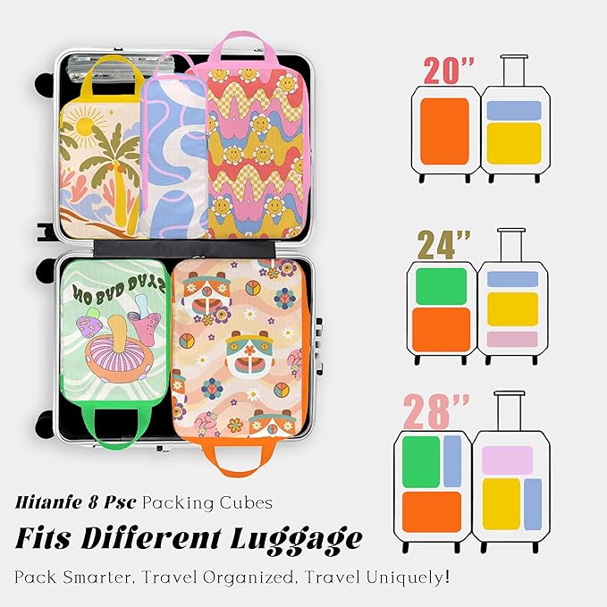 8 Pcs Compression Packing Cubes Travel for Suitcases, Waterproof Luggage Organizer Washable Storage Bags Set for Backpack Travel- Packaging Cubes for Carry-Ons and Storage