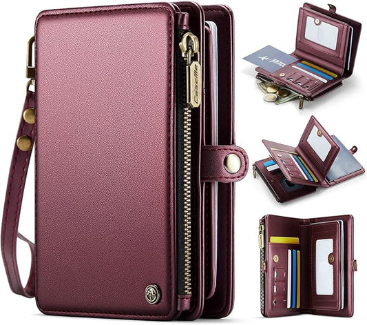 Passport Holder Wallet Bag with AirTag Holder, 11 Card Slots and Passport Solt Cash Solt Photo Solt Zipper Pocket, RFID Blocking Wristlet Strap.Wine