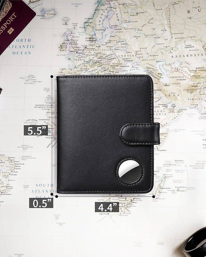 Passport Holder for Travel with AirTag Holder- Leather RFID Blocking Travel accessories with 5 Cards Slot&1ID Window,Magnetic Closure,Gift Box(Air Tag Not Included)