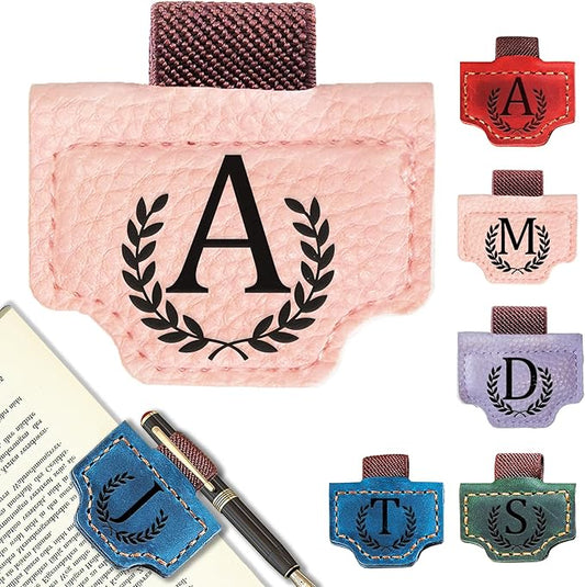 Personalized Bygone Mark Bookmark with Pen Holder, Leather Magnetic Bookmark 26 Letters Name Initial Bookmarks for Readers, Book Lover Gifts for Women Men Notebook Accessories (Pink, A)