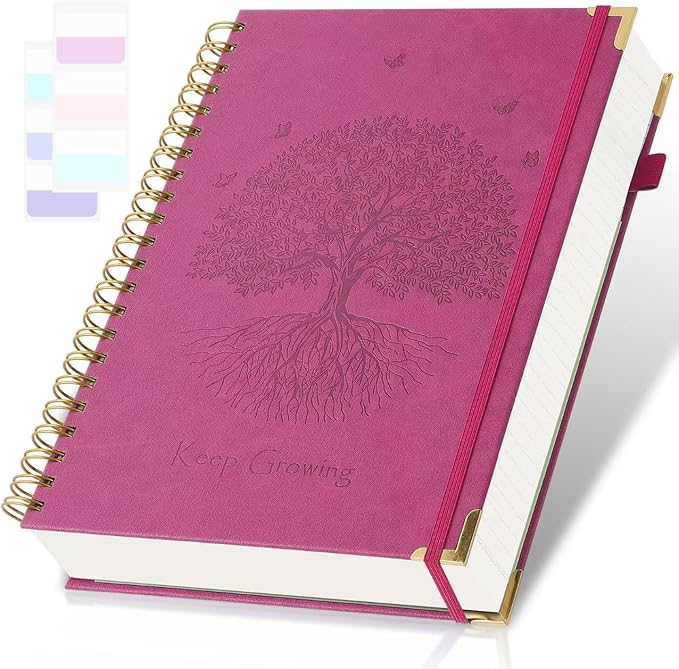 Spiral Notebook, College Ruled Notebook, 8" x 10", 300 Pages Leather Journals for Writing, B5 Hardcover Journaling Notebooks for Work School, 24pcs Tabs, Large Embossed Journal for Women Men, Pink2