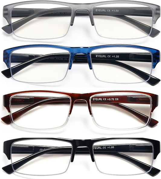 EYEURL 4-Pack Half Frame Blue Light Reading Glasses for Men Rectangle Semi Rimless Readers for Women Spring Hinge Eyeglasses