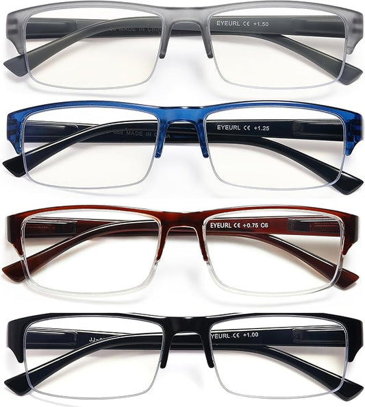 EYEURL 4-Pack Half Frame Blue Light Reading Glasses for Men Rectangle Semi Rimless Readers for Women Spring Hinge Eyeglasses