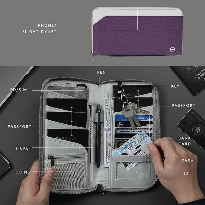 RFID Large Travel Passport Wallet with Airtag & Card Holder - Women Men, Lightweight Passport Cover Case Book Travel Document Organizer with Zipper Pocket, Deep Purple