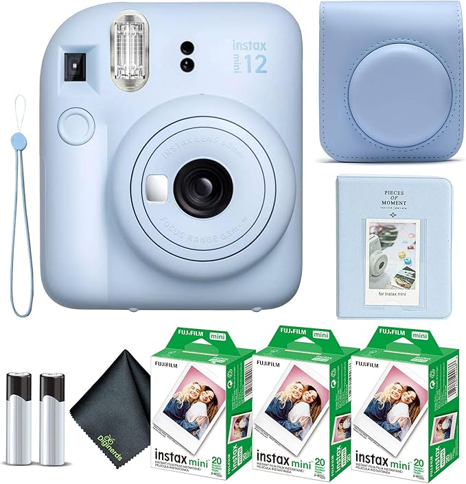Fujifilm Instax Mini 12 Instant Camera Pastel Blue Bundle with Fuji Instax Mini Film Value Pack (60 Sheets) + Protective Carrying Case + Photo Album + Microfiber Cleaning Cloth