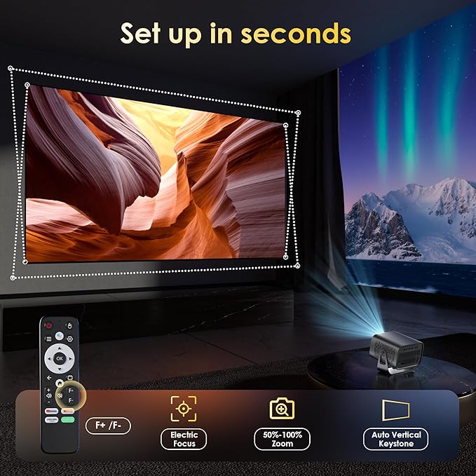 Mini Projector with WiFi and Bluetooth, Electric Focus & Vertical Keystone, 1080P HD 4K Support, Smart Projector with Built-in Streaming Apps, Portable Projector for Outdoor & Home Movie