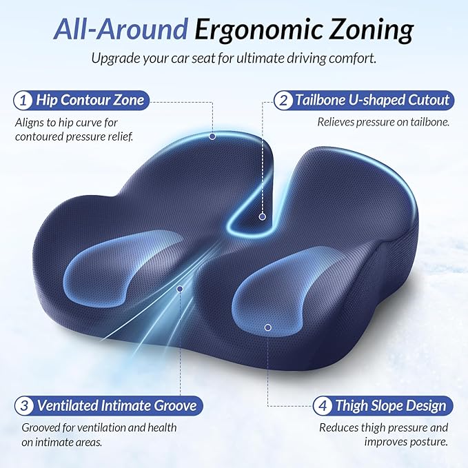 ZIKEE Gel Seat Cushion for Office Chair and Car Seat with Ergonomic Zoning, Memory Foam Chair Cushion for Sciatica, Lower Back, Tailbone Pain Relief and Intimate Ventilation, Non-Slip & Airy Cover
