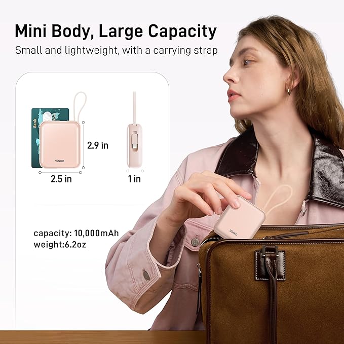 VINKO 10000mAh Power Bank Built-in Cables, Fast Charging with LED Display, Small Travel Battery Pack with Cords, Airplane Travel Essentials,Portable Phone Charger for Cell Phone Smart Devcies(Pink)