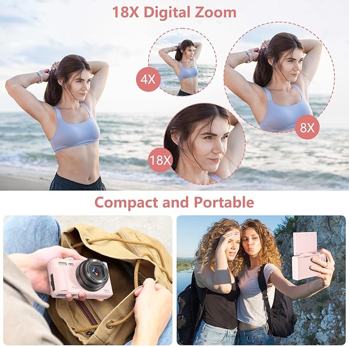 Digital Camera for Photography, 4K Vlogging Camera for YouTube 3" 180° Flip Screen 18X Digital Zoom Compact Cameras with 32GB TF Card & 2 Batteries, Pink