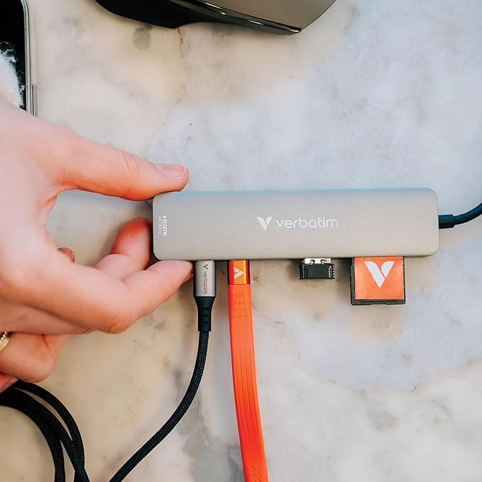 Verbatim USB-C Essentials Multiport Hub – 7 Ports: (2) USB-A 3.0/3.2 Gen 1, (2) USB-C 3.0/3.2 Gen 1, SD and Micro SD Card Slots with 4K HDMI and Up to 100W Power Delivery