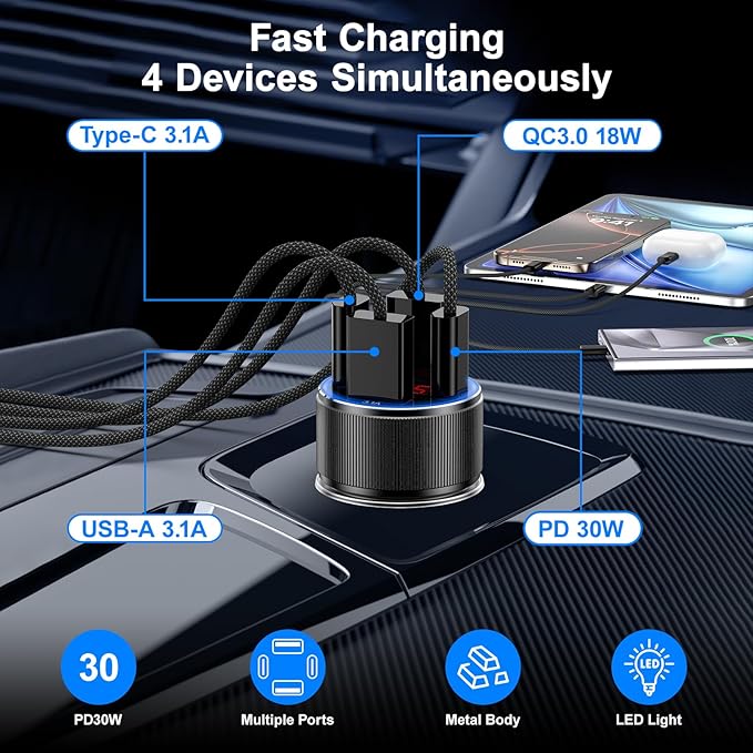 Car Phone Charger, Besgoods USB C Car Charger Adapter 4 Ports with Voltmeter PD&QC Fast Charging Cigarette Lighter USB Charger for iPhone 17 16 15 14 13 Galaxy S25 S24 A54 A16 Dashcam Car Acc, 2Pack