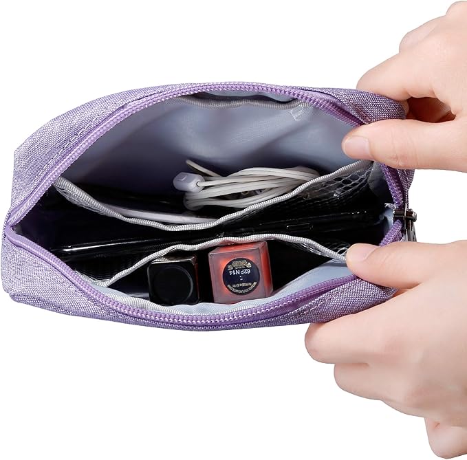 E-Tree Small Makeup Bag, Cosmetic Toiletry Skin Care Make up Little Items Pouch for Purse, Zipper Mini Tech Charger Cable Electronic Organizer Case, Travel Accessories for Women Men Teen, Purple