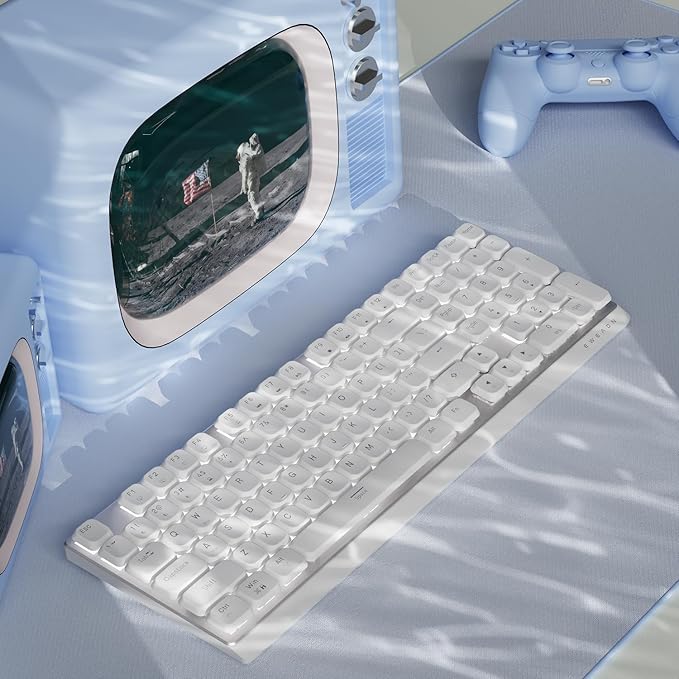 EWEADN MK100 Wireless Low Profile Mechanical Keyboard, Bluetooth/2.4GHz/USB-C Wired with White Backlight Quiet Mechanical Keyboards Wireless, Full-size keyboard for Game/Office, Windows, Mac, White