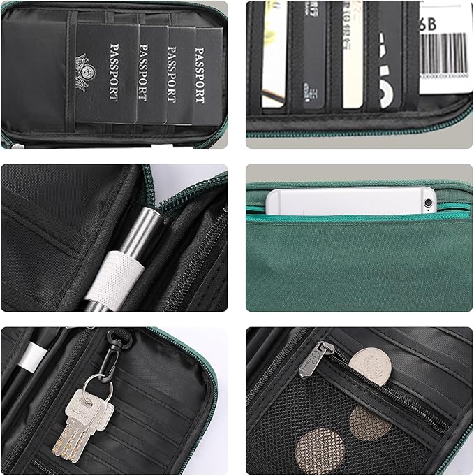 Travel Passport Holder, Large Family Passport Walle for Men Women RFID Passport Cover Lightweight Portable Document Organizer with Wrist Strap (Green)